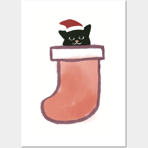 Hidden Cat Xmas Minimal Cat inside sock Wall Art by Chewbarber